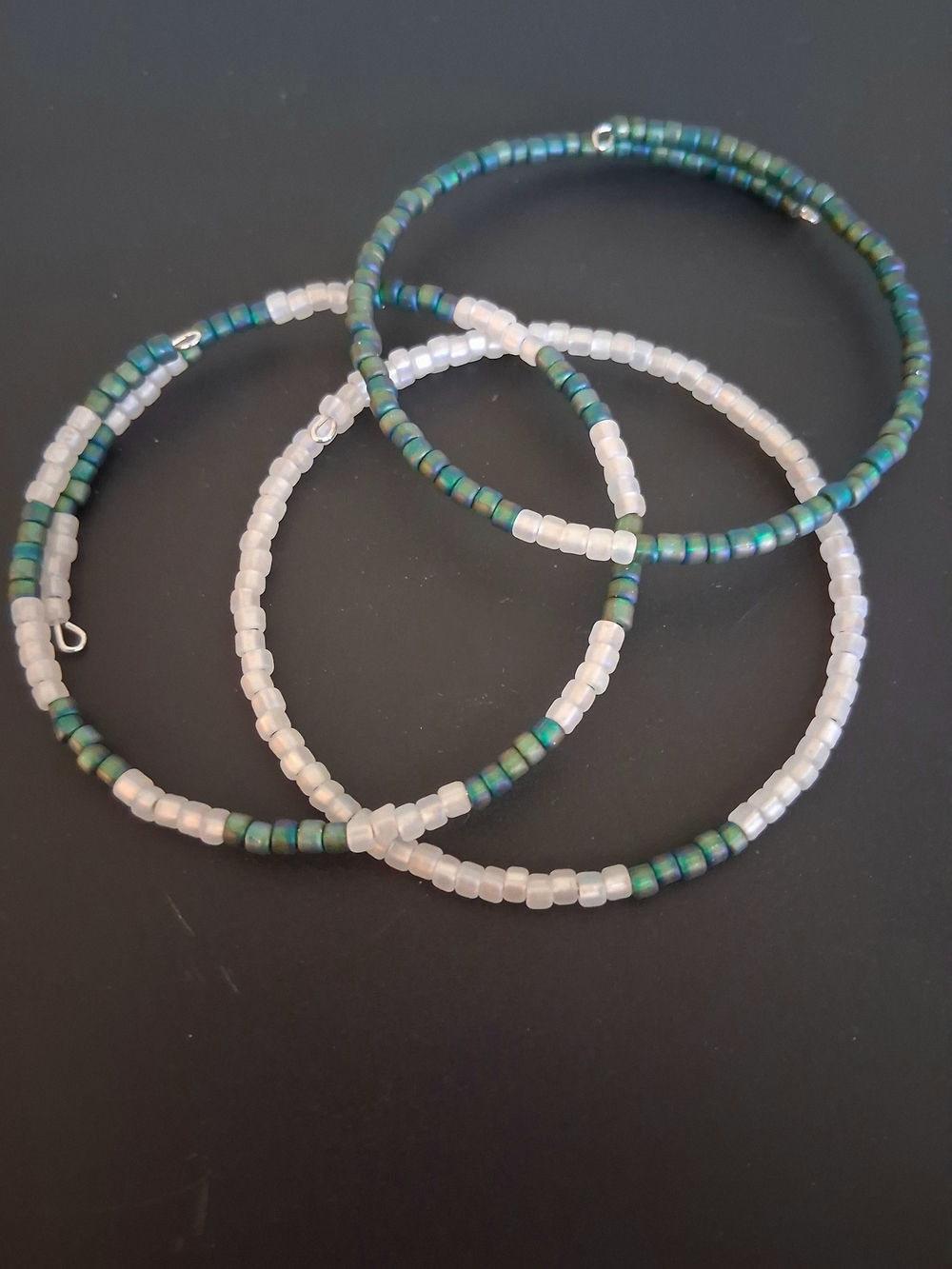 Handmade White and Iridescent Green Beaded 7" Bracelets - Women Jewelry